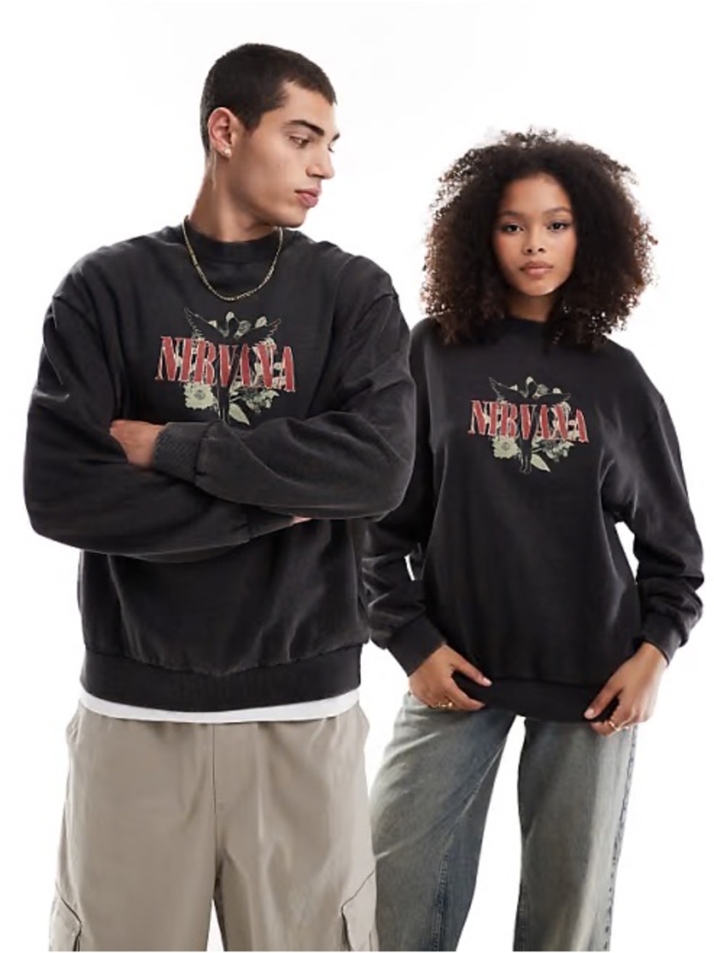 ASOS NIRVANA Black Crewneck with Red Logo and Olive Floral Graphic
